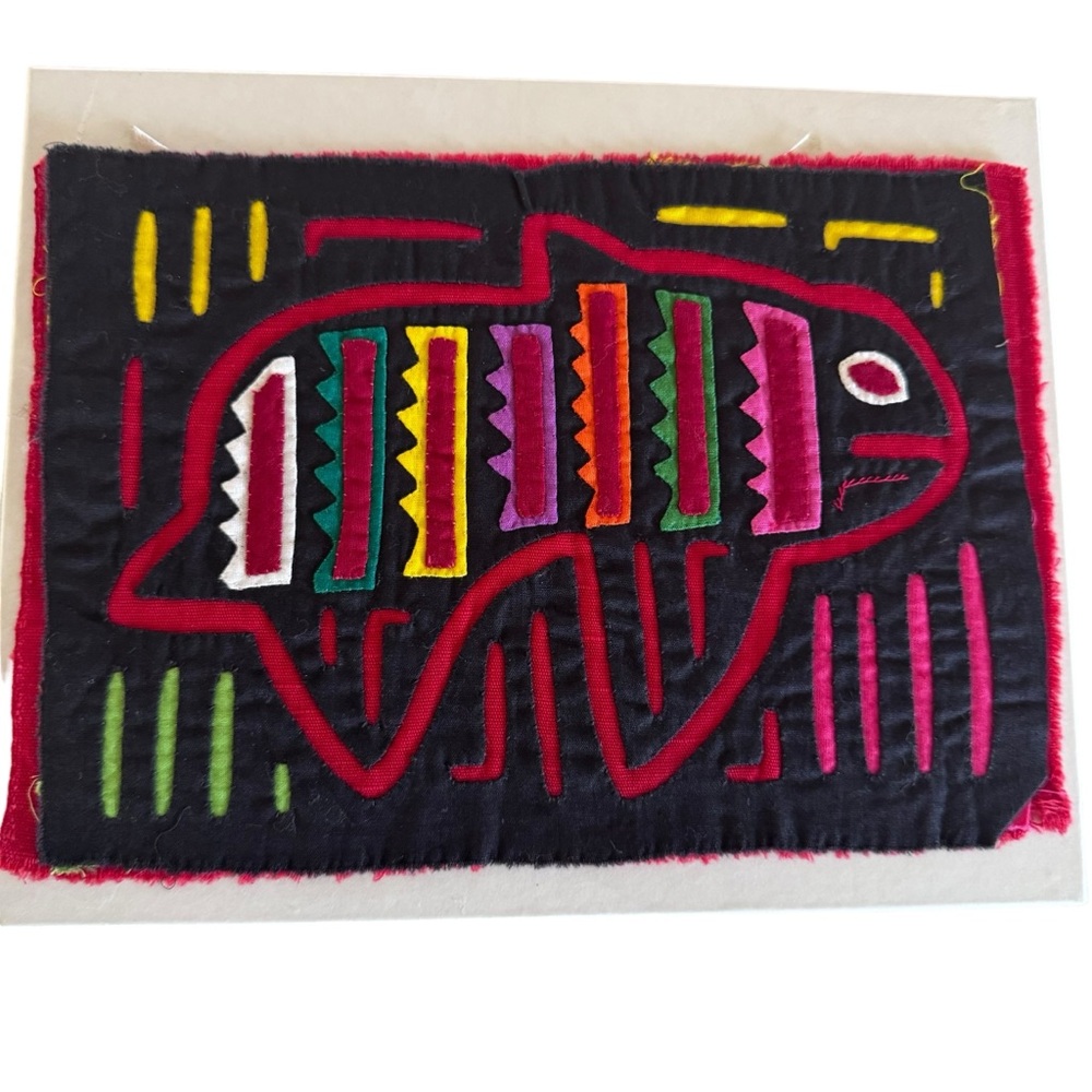 Vintage Mola Panama Folk Fabric Art Reverse Embroidery Panel Fish Shark